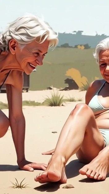 Two Skinny 90 Year Old Grannies – One Licks the Other’s Feet in Humiliation